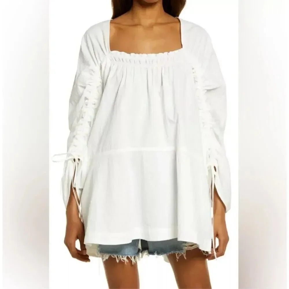 FREE PEOPLE | Brynn Puff Balloon Sleeve White Tunic Top 100% Cotton |‎ Small